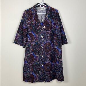 Diane Kennedy Collared Lightweight Kimona Button Coat 3/4 Sleeve Retro Floral